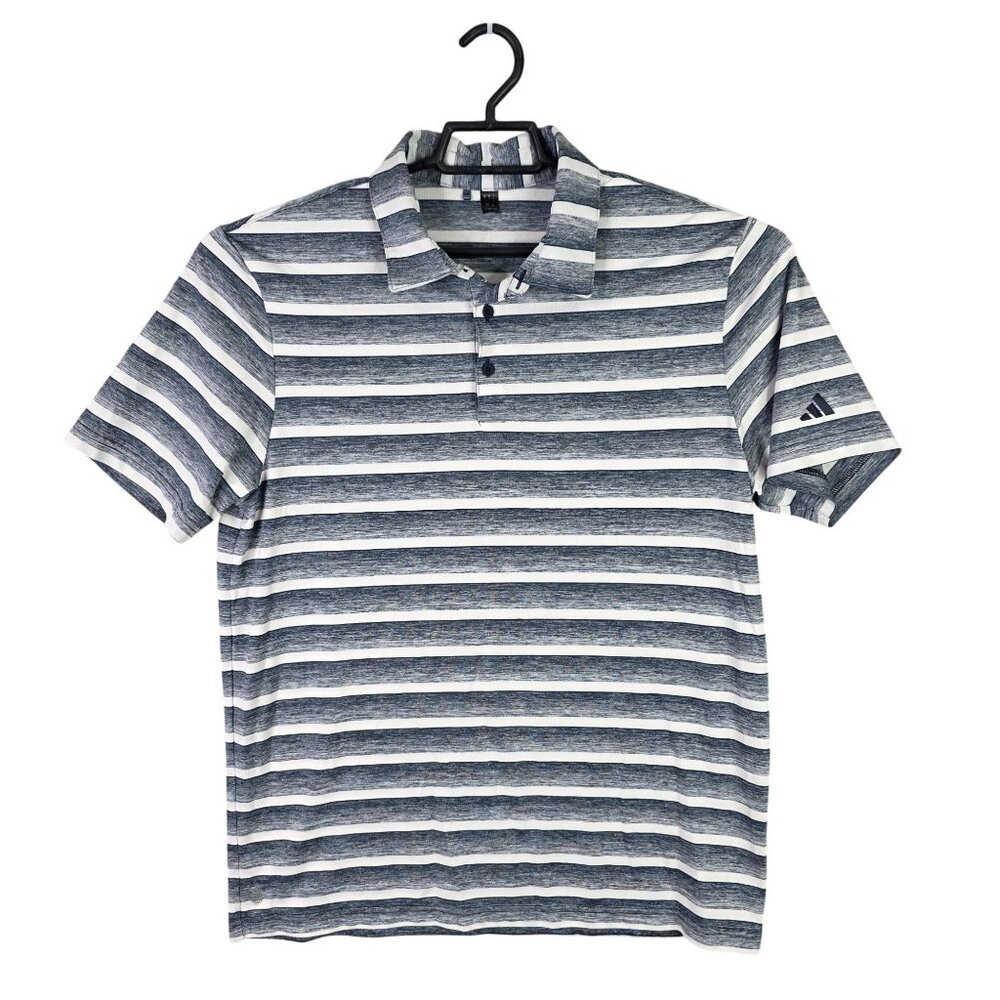 Mens Adidas Blue & White Striped Polo Shirt 100% Polyester Short Sleeve Size L